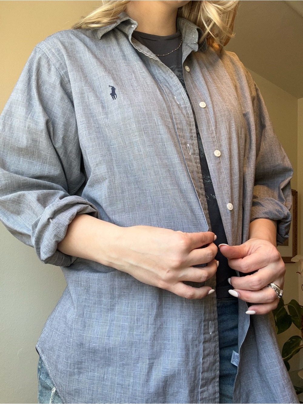 Ralph Lauren Men's Light Gray Button-Down Shirt with Navy Logo